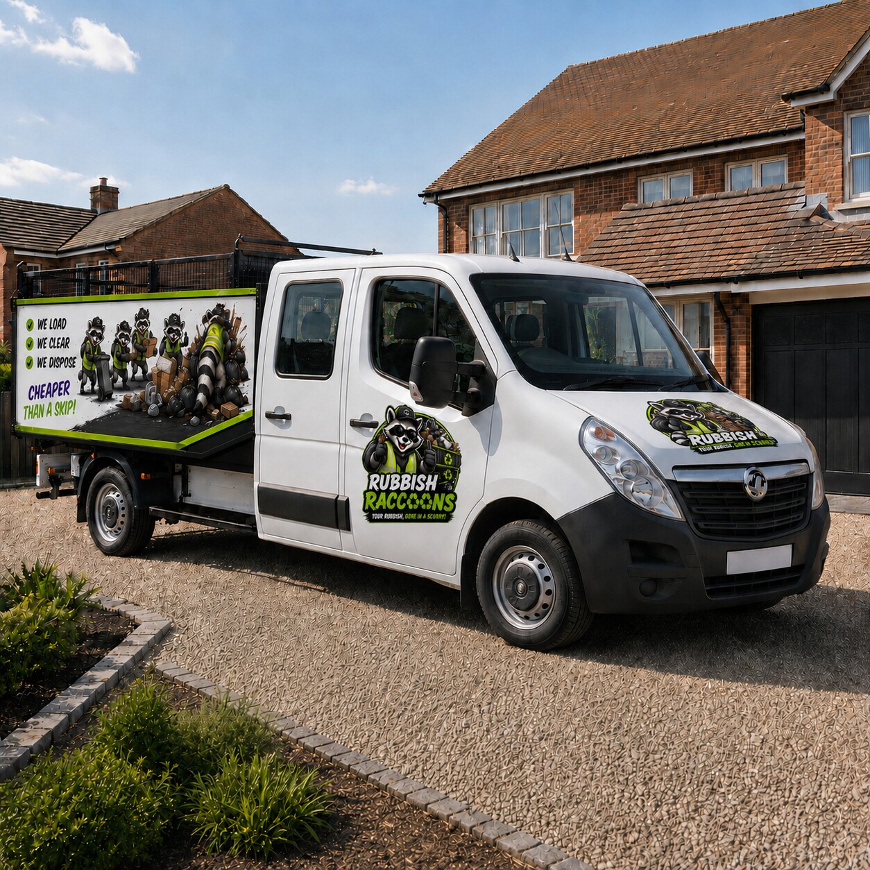 Fully signwritten white 2014 Vauxhall Movano double-cab tipper with Rubbish Raccoons branding