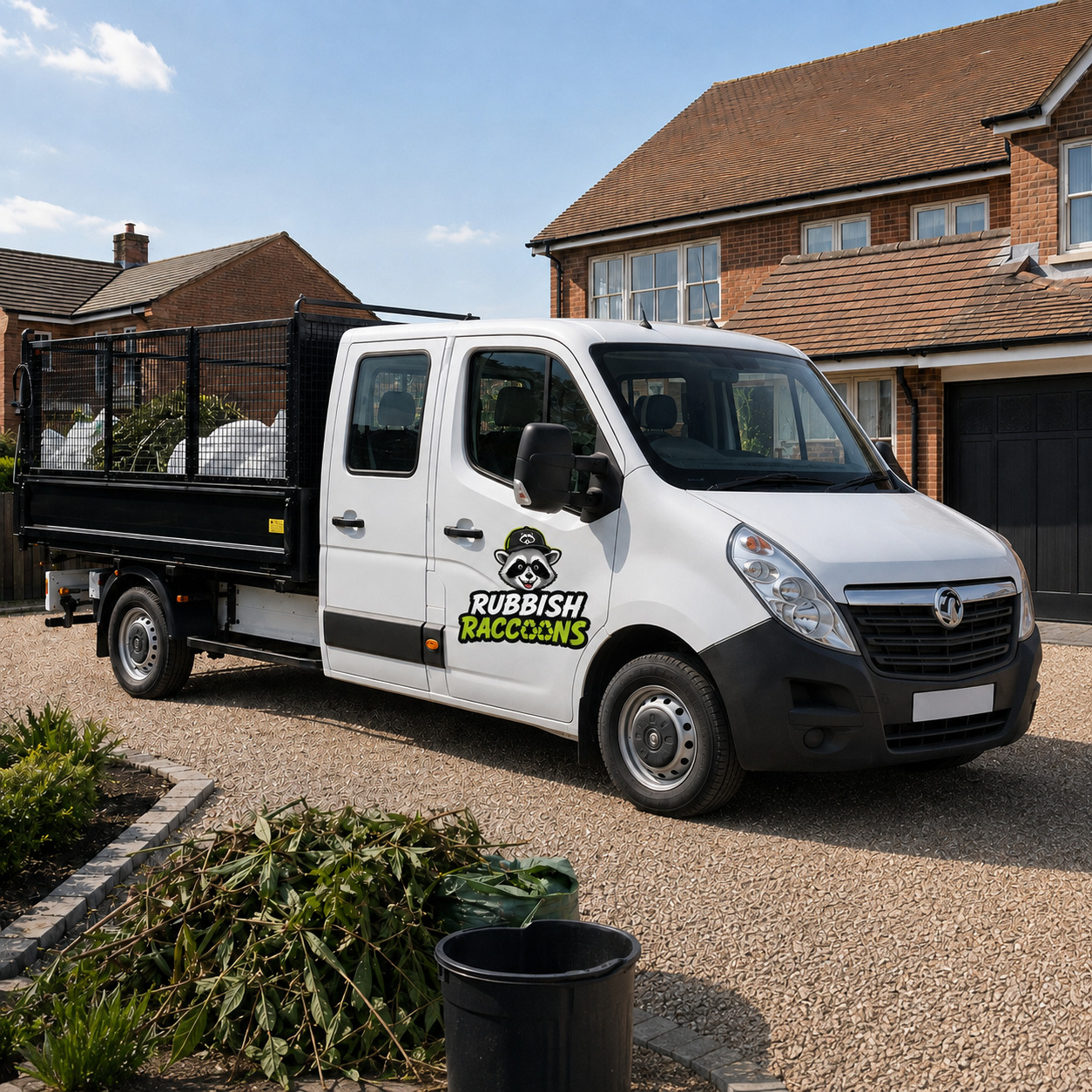 White 2014 Vauxhall Movano tipper with Rubbish Raccoons branding
